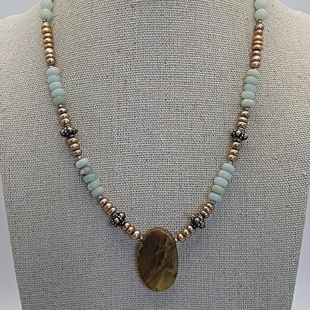 Petrified Wood Crystal Pendant Pearl Agate Beaded Sterling Silver Necklace 17 In